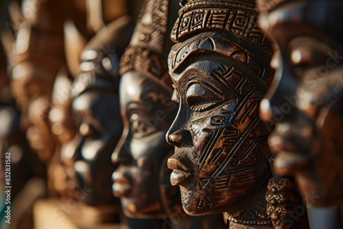 African Colorful Wooden Masks. African Mask. African wooden handcrafted masks in a traditional African market. African culture Wooden african masks