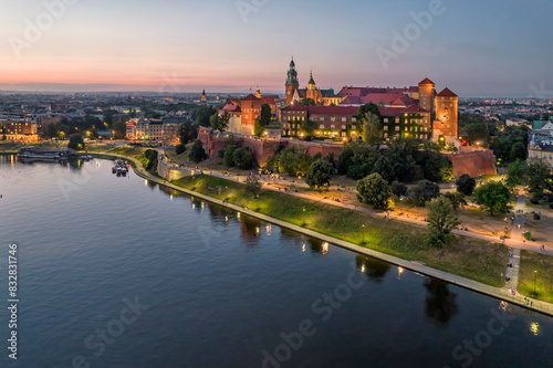 Aerial view of historical castle at dusk
