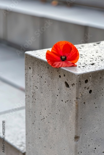 In memory of heroes  close up of red poppy on a solemn war memorial honoring fallen soldiers photo