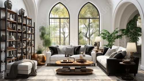 A modern home interior with comfortable furniture arranged elegantly by large arched windows with daylight