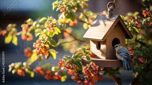 A bird sits on the porch of a birdhouse surrounded by blooming flowers, evoking a sense of spring and natural habitat
