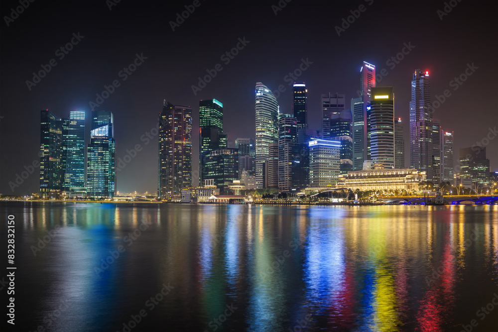 Majestic city skyline at night with reflective waterfront