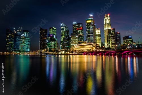 Dazzling city skyline at night with water reflections