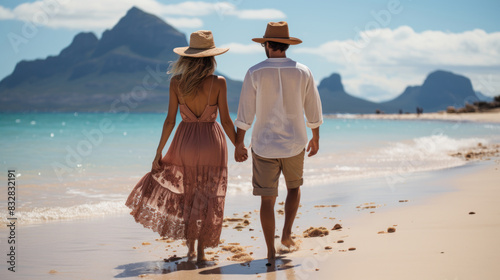 Fototapeta Naklejka Na Ścianę i Meble -  A loving couple holding hands while walking on a sandy beach with a stunning mountain background, symbolizing travel