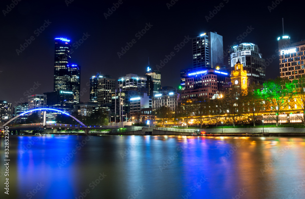 Melbourne skyline at night along yarra river