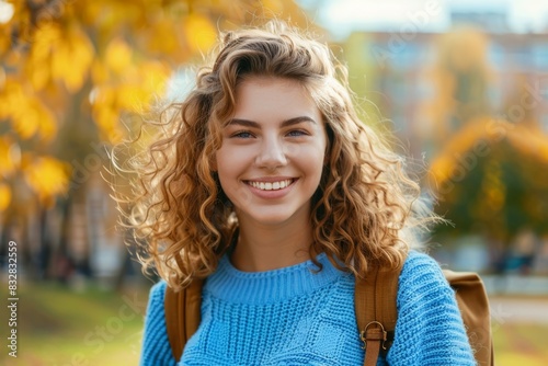 Young female student goes to class, back to study concept. Background with selective focus and copy space