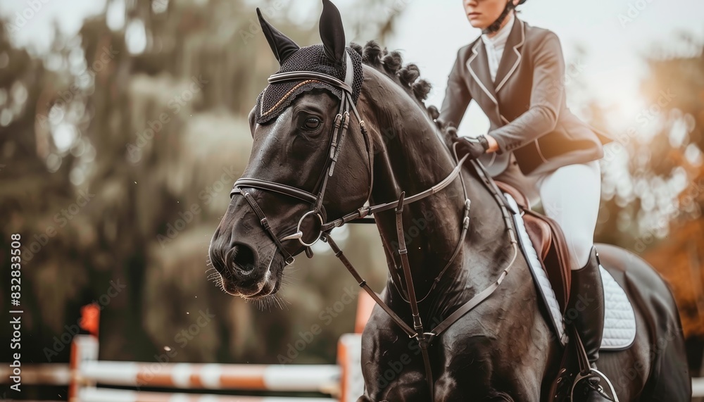Obraz premium Modern pentathlon equestrian show jumping display skill and harmony, olympic sport concept