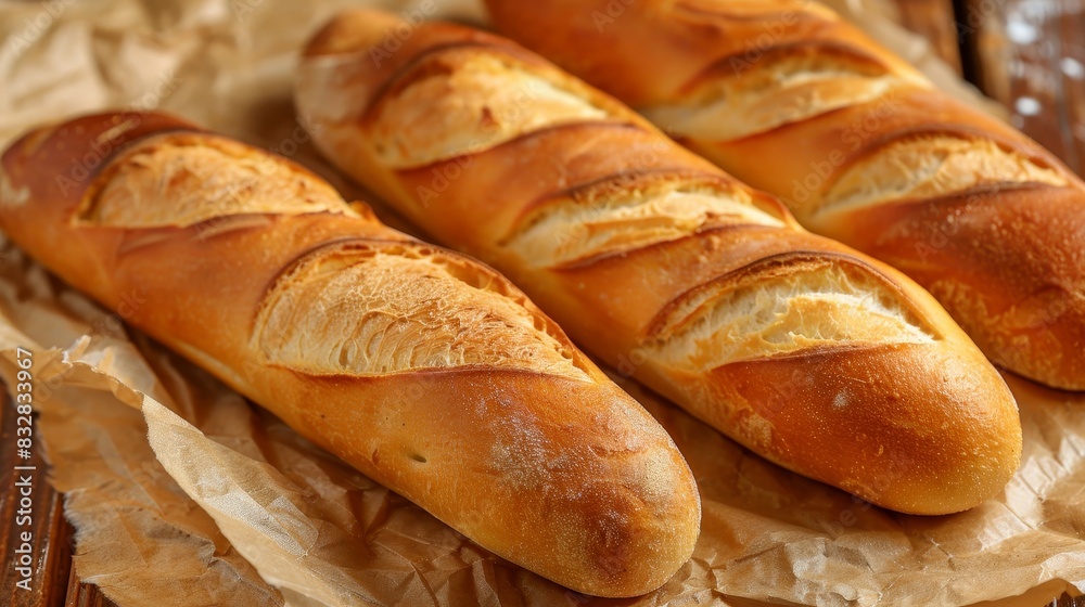 Delicious baguettes on craft paper  close up of traditional french breakfast idea