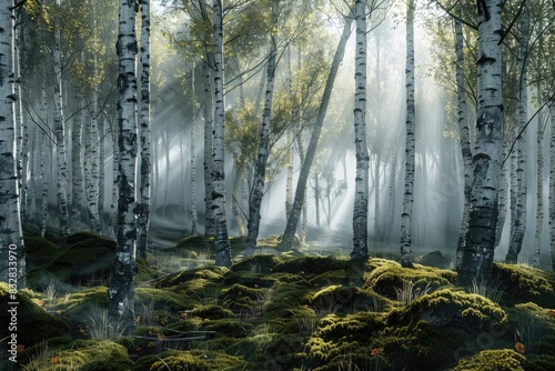 Birch forest with moss  morning fog and sun light  black white and green colors  photorealistic  detailed  high resolution