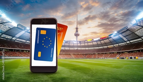 A cell phone is showing a credit card on a field photo