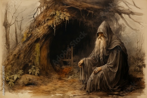 A mysterious and enigmatic hermit, dwelling in solitude and possessing ancient wisdom. - Generative AI photo