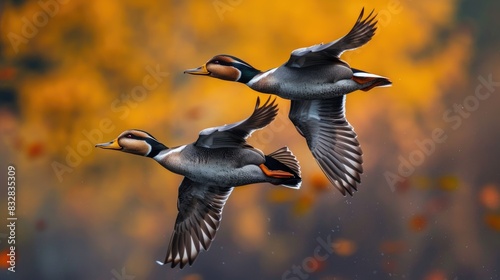 A pair of merganser ducks in flight photo