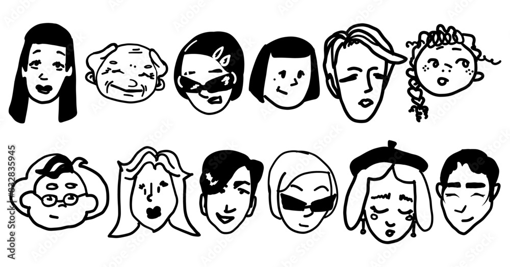 Different men and women portraits. Trendy stylish people avatar, icon, logo. Diverse contemporary cartoon faces set. Outline abstract cute sketch hand drawn collection. Isolated vector illustration Different men and women portraits. Trendy stylish people avatar, icon, logo. Diverse contemporary cartoon faces set. Outline abstract cute sketch hand drawn collection. Isolated vector illustration