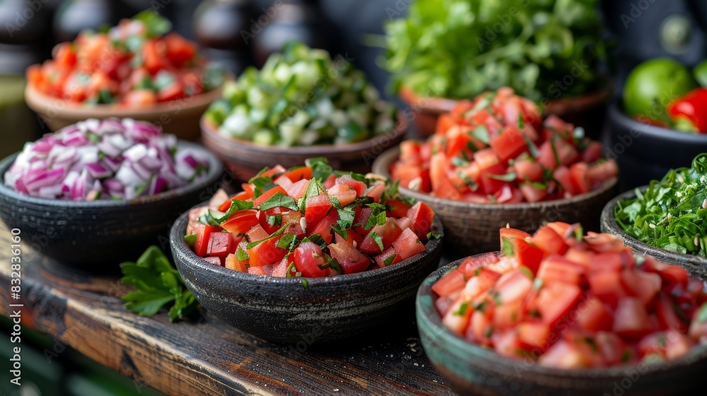 empty kitchen counter with bowls of freshly chopped ingredients for homemade salsa, showcasing the traditional recipe concept