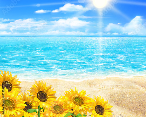 Beautiful summer beach with sunflower frame illustration of palm trees  summer beach and sun - blue sky and sea with clouds. 