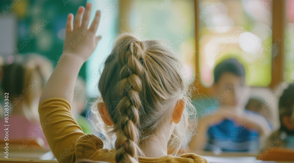 Children raise their hands to answer in the classroom. Back To School concept. Background with selective focus Children raise their hands to answer in the classroom. Back To School concept. Background with selective focus