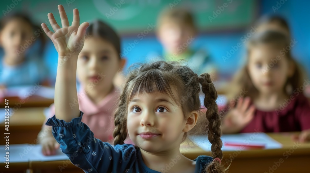 Children raise their hands to answer in the classroom. Back To School concept. Background with selective focus Children raise their hands to answer in the classroom. Back To School concept. Background with selective focus