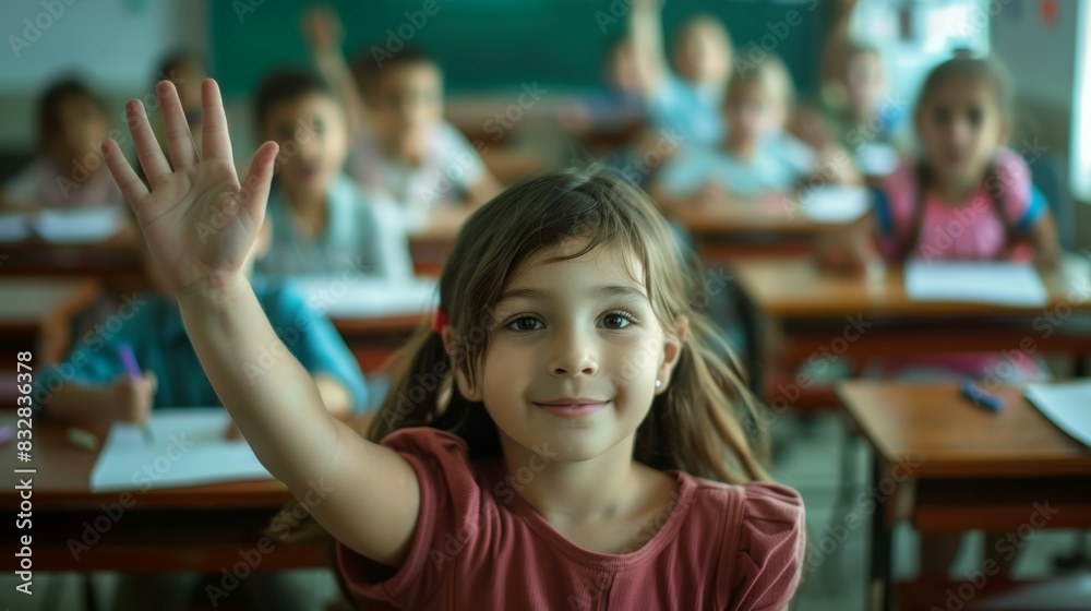 Children raise their hands to answer in the classroom. Back To School concept. Background with selective focus Children raise their hands to answer in the classroom. Back To School concept. Background with selective focus