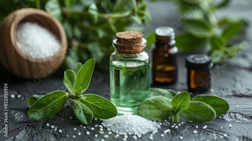 stevia extract in a small bottle with green leaves, a concept background for a zero-calorie sweetening option