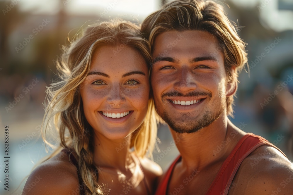 A man and a woman are smiling at the camera A man and a woman are smiling at the camera