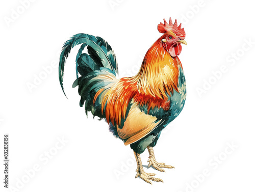 Colorful Rooster Vintage Illustration - Isolated on White Transparent Background, PNG  © Lumi