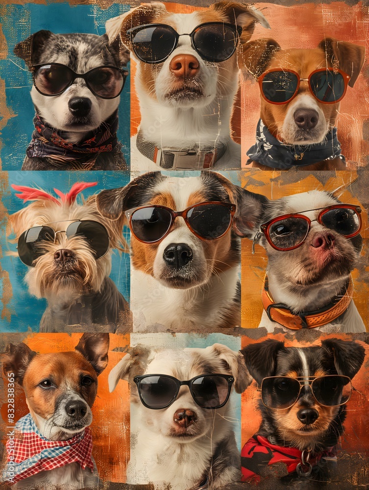 Fototapeta premium poster of torn photo collage featuring cool medium and large breed dogs wearing sunglasses or bandana