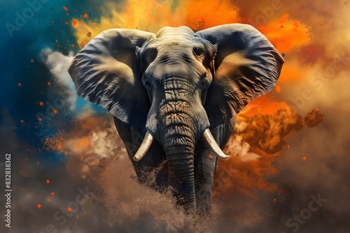 An elephant in full roar  charging forward with a fierce expression. Captured in a dynamic colours. Splashes and splatters around the elephant suggest its swift movement and wild energy