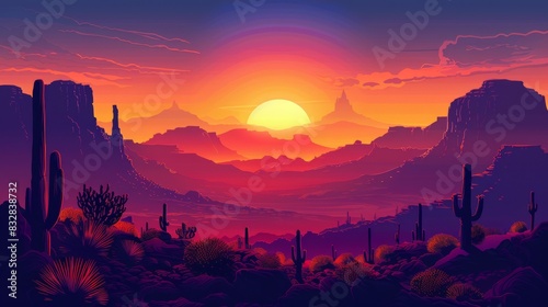 wild west sunset, nature-inspired abstract background featuring cacti and rock formations silhouetted by a golden sunset in the untamed wild west © Aliaksandra