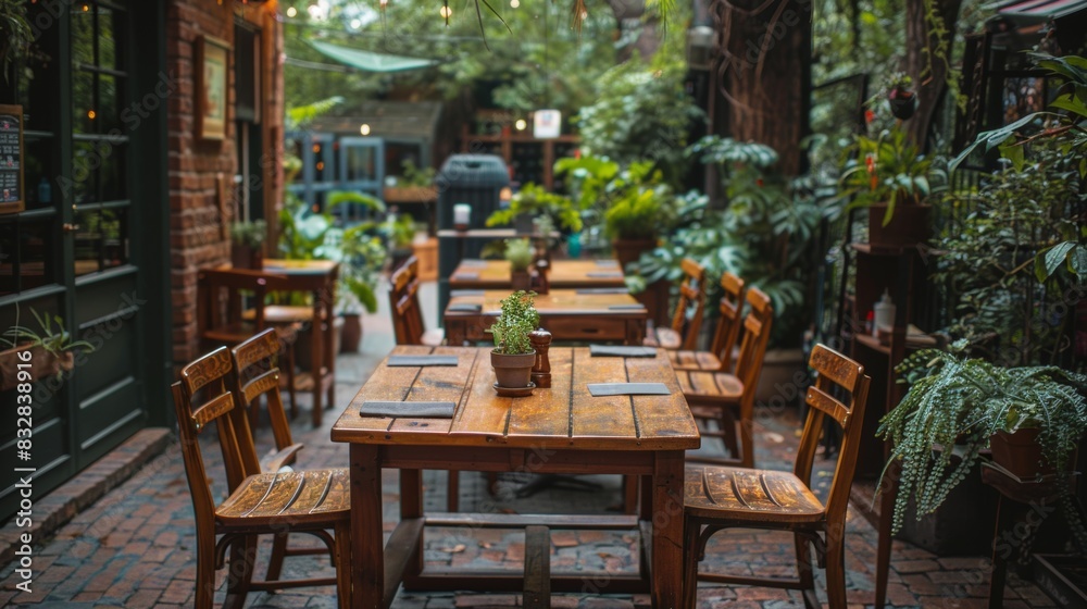 alfresco dining with cozy wooden furniture on a patio surrounded by greenery ideal ambiance for a leisurely meal outdoors alfresco dining with cozy wooden furniture on a patio surrounded by greenery ideal ambiance for a leisurely meal outdoors