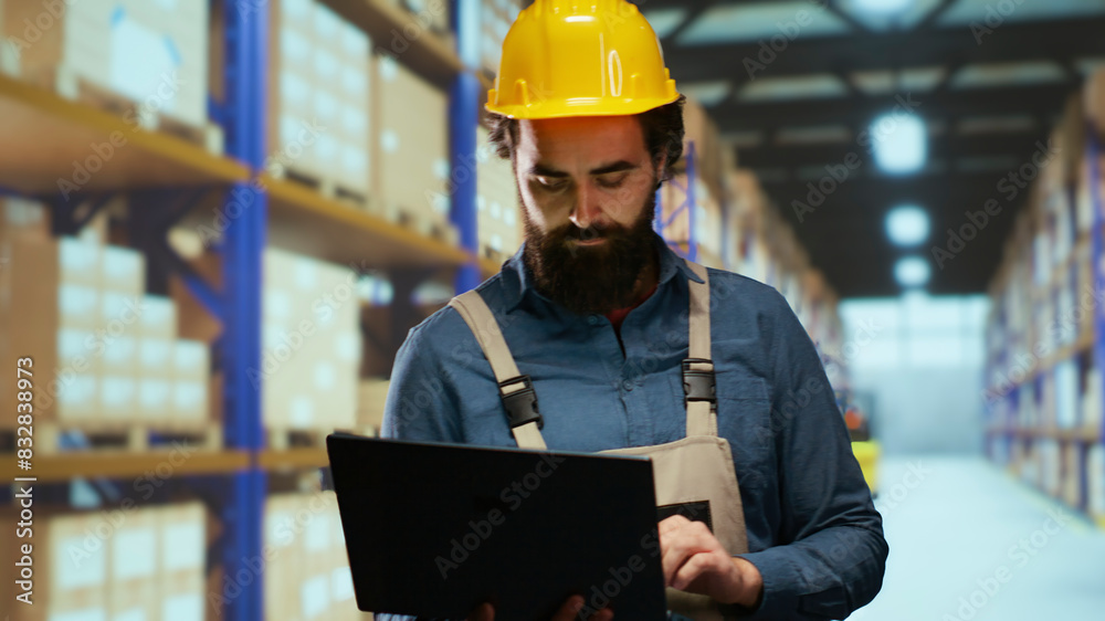 Depot engineer verifying cargo labels and boxes, ensuring shipment and delivery correct details. Warehouse supervisor responsible for staff management and industrial retail activities. Depot engineer verifying cargo labels and boxes, ensuring shipment and delivery correct details. Warehouse supervisor responsible for staff management and industrial retail activities.