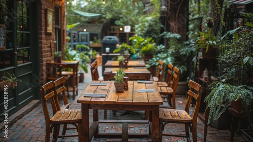 alfresco dining with cozy wooden furniture on a patio surrounded by greenery ideal ambiance for a leisurely meal outdoors © Aliaksandra