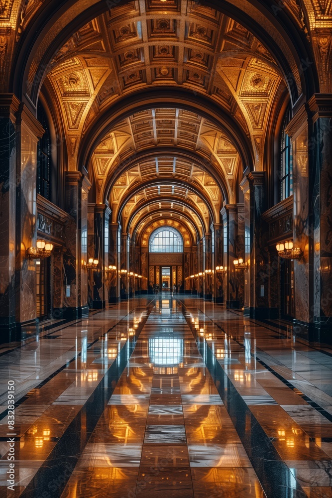Obraz premium Agrand architectural hallway adorned with intricate details and luxurious finishes. The arched ceiling is richly decorated with golden hues and elaborate designs.