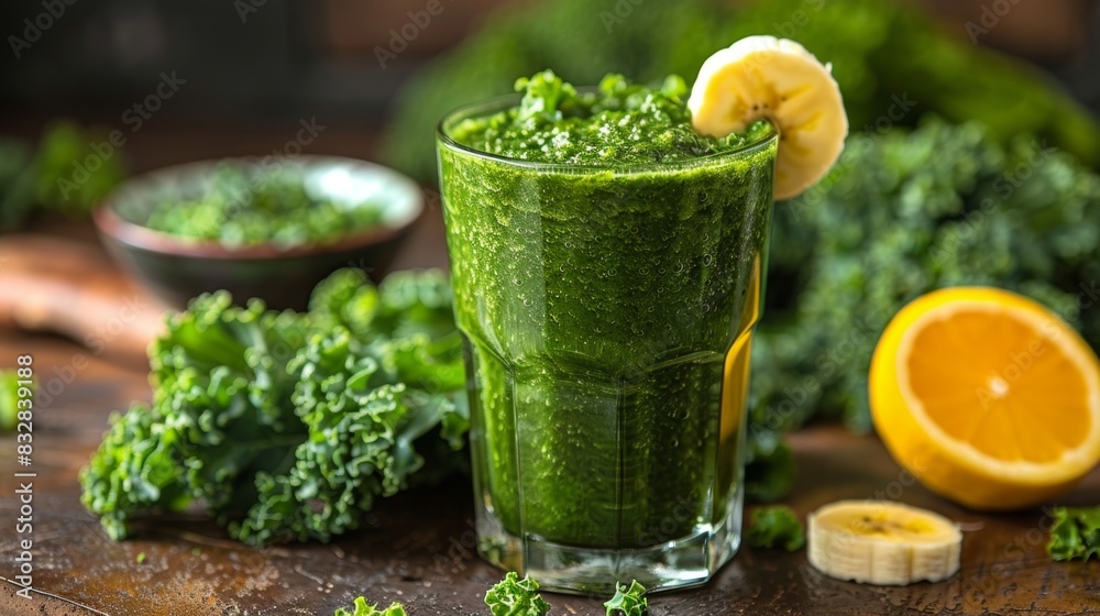 weight loss shake with spinach, kale, and bananas in a modern kitchen, promoting a healthy drink for weight loss in a banner weight loss shake with spinach, kale, and bananas in a modern kitchen, promoting a healthy drink for weight loss in a banner