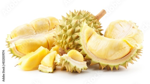 Fresh ripe durian pieces on a white background photo