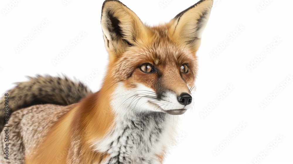 Fototapeta premium A cunning fox with its reddish fur and bushy tail, looking alert and ready to pounce, isolated on solid white background.