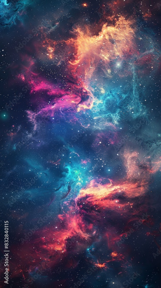 This image features a colorful nebula with swirling clouds of gas and dust in shades of blue, pink, and orange, illuminated by stars, set against the dark, expansive backdrop of deep space.