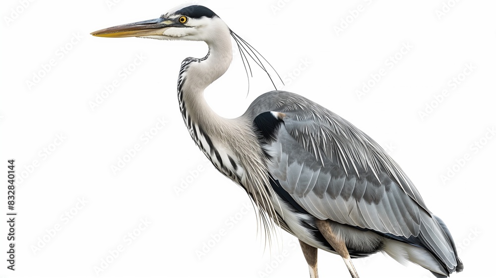 A majestic heron standing tall with its long neck and sharp beak, isolated on solid white background. A majestic heron standing tall with its long neck and sharp beak, isolated on solid white background.