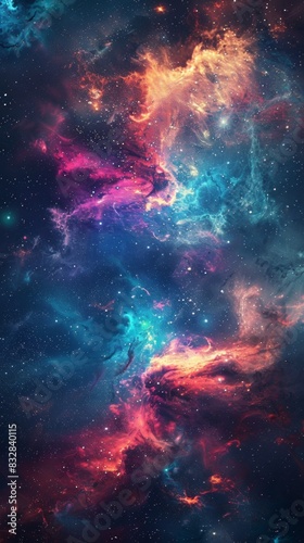 This image features a colorful nebula with swirling clouds of gas and dust in shades of blue, pink, and orange, illuminated by stars, set against the dark, expansive backdrop of deep space. © Witchery Joe