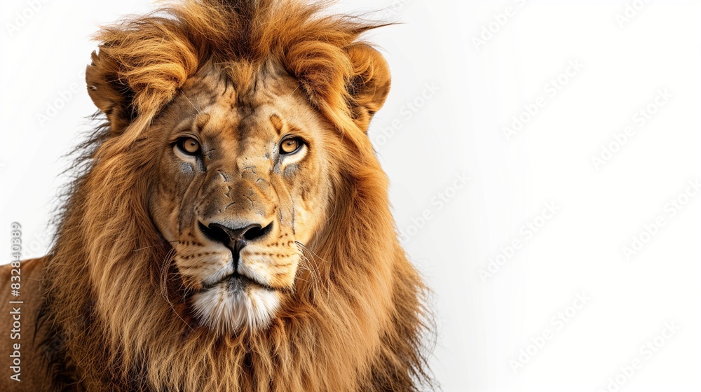 A majestic lion with a full, flowing mane, gazing intensely, isolated on solid white background. A majestic lion with a full, flowing mane, gazing intensely, isolated on solid white background.