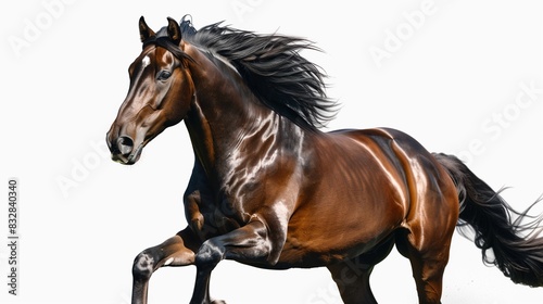 A majestic horse mid-gallop  mane flowing freely  isolated on solid white background.