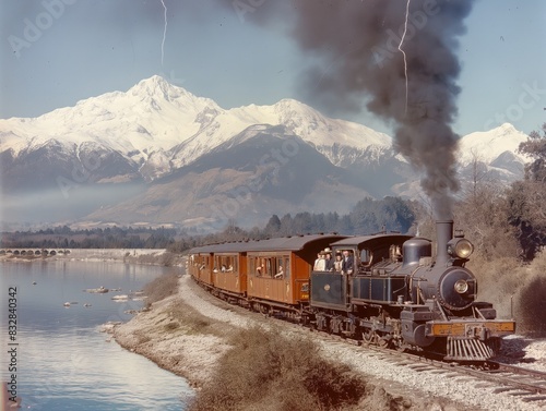 A train is traveling down a track next to a body of water. The train is black and red and is surrounded by mountains photo