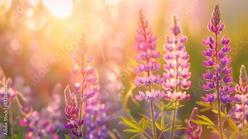 colorful lupine flowers blooming in the field at sunset. Beautiful floral background