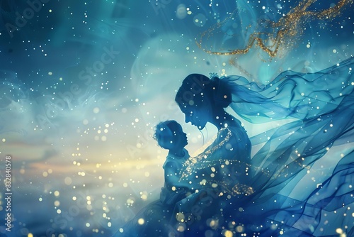 ethereal mother and child silhouettes dreamy blue silk background with golden particles digital painting
