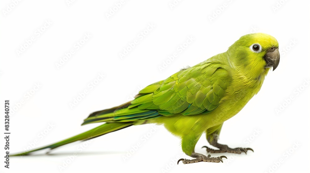 Fototapeta premium A playful Parrotlet with bright green plumage, isolated on a solid white background.