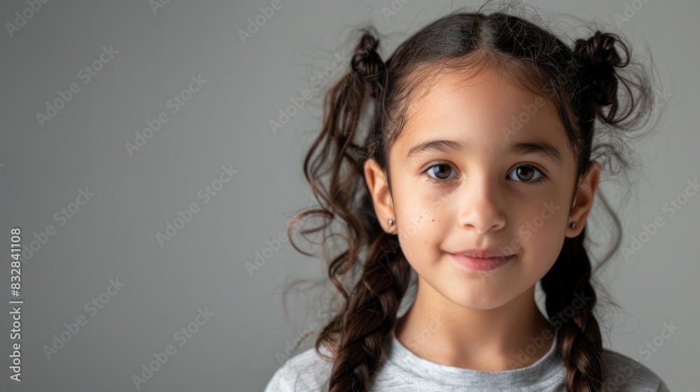 Braided Haired Young Girl on Gray Background Text Area Available Braided Haired Young Girl on Gray Background Text Area Available
