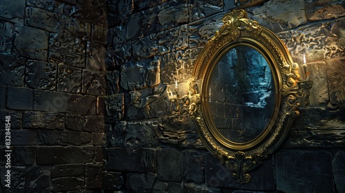 In a medieval castle, a golden-framed mirror hangs on a stone wall, glowing mysteriously at night. It reflects an ancient room, filled with magic and secrets. photo