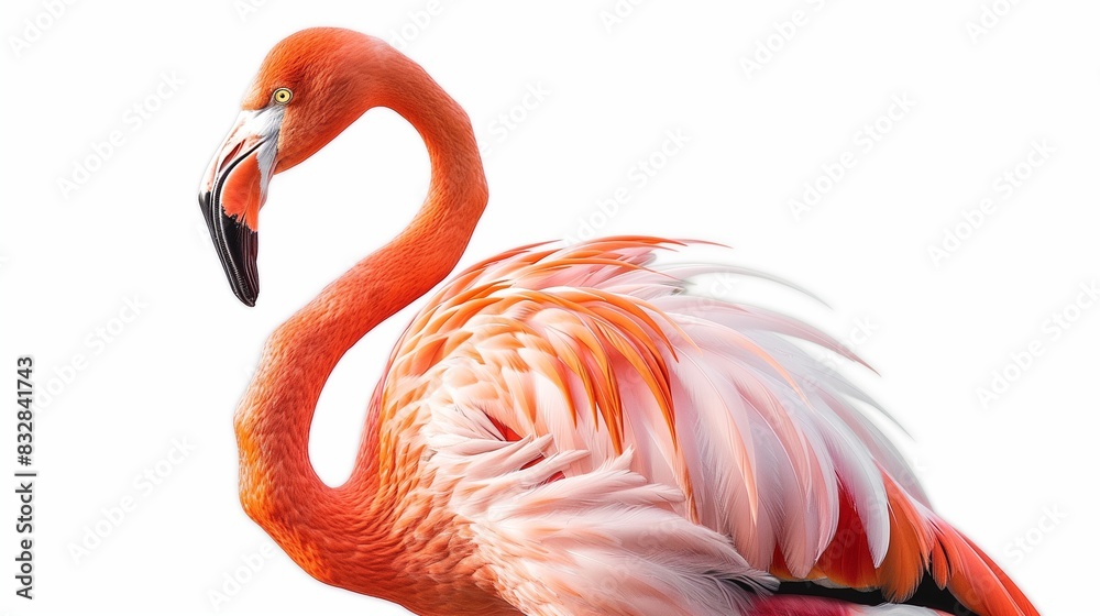 Fototapeta premium A vibrant flamingo with its characteristic pink plumage, standing tall and serene, isolated on solid white background.