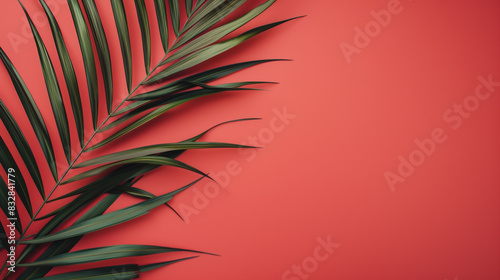 AI Image. Banner with palm leaf on a coral background with copy space