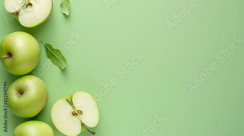 AI Image. Seasonal banner with fresh sliced apples on a green background with copy space