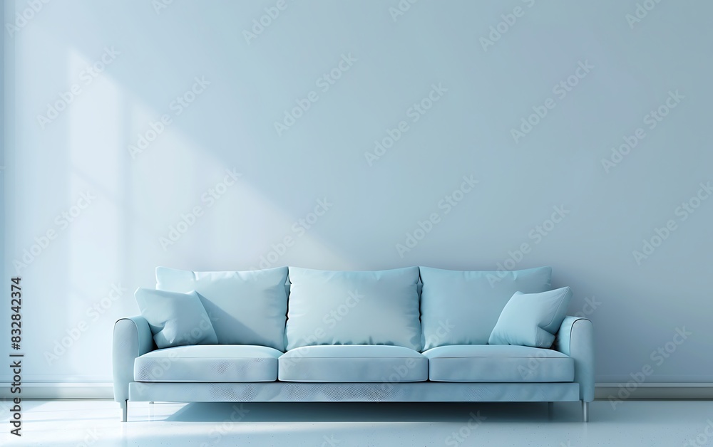Modern interior design of living room with light blue sofa and copy space wall mock up Modern interior design of living room with light blue sofa and copy space wall mock up
